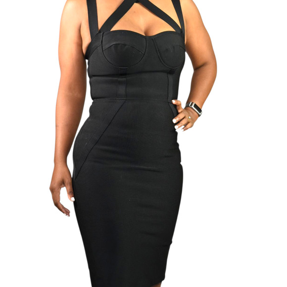 Black Bandage Dress Bodycon Pencil Low Cut Sweetheart LBD Sleeveless Strap Small - Picture 9 of 14